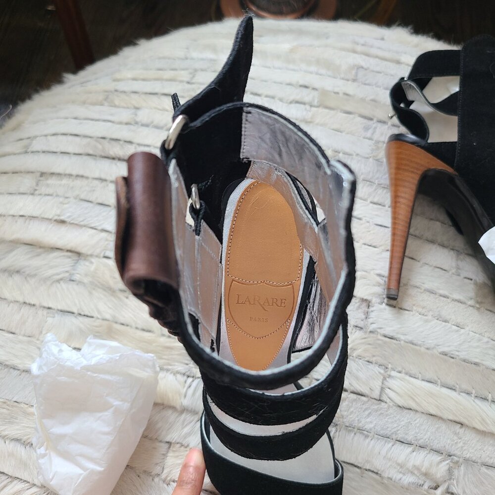 Braided Strap Black and Brown Suede High Heel Sandals - Picture 6 of 11